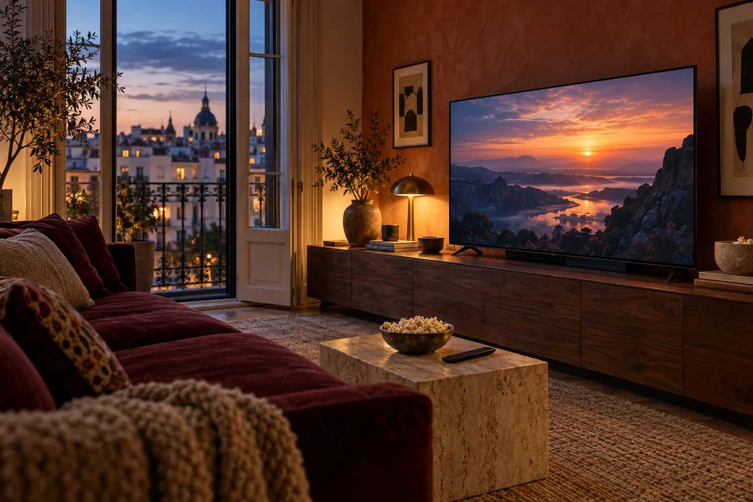 Salón de inspiración madrileña al anochecer, con sofá burdeos, palomitas y una pantalla de cine en casa