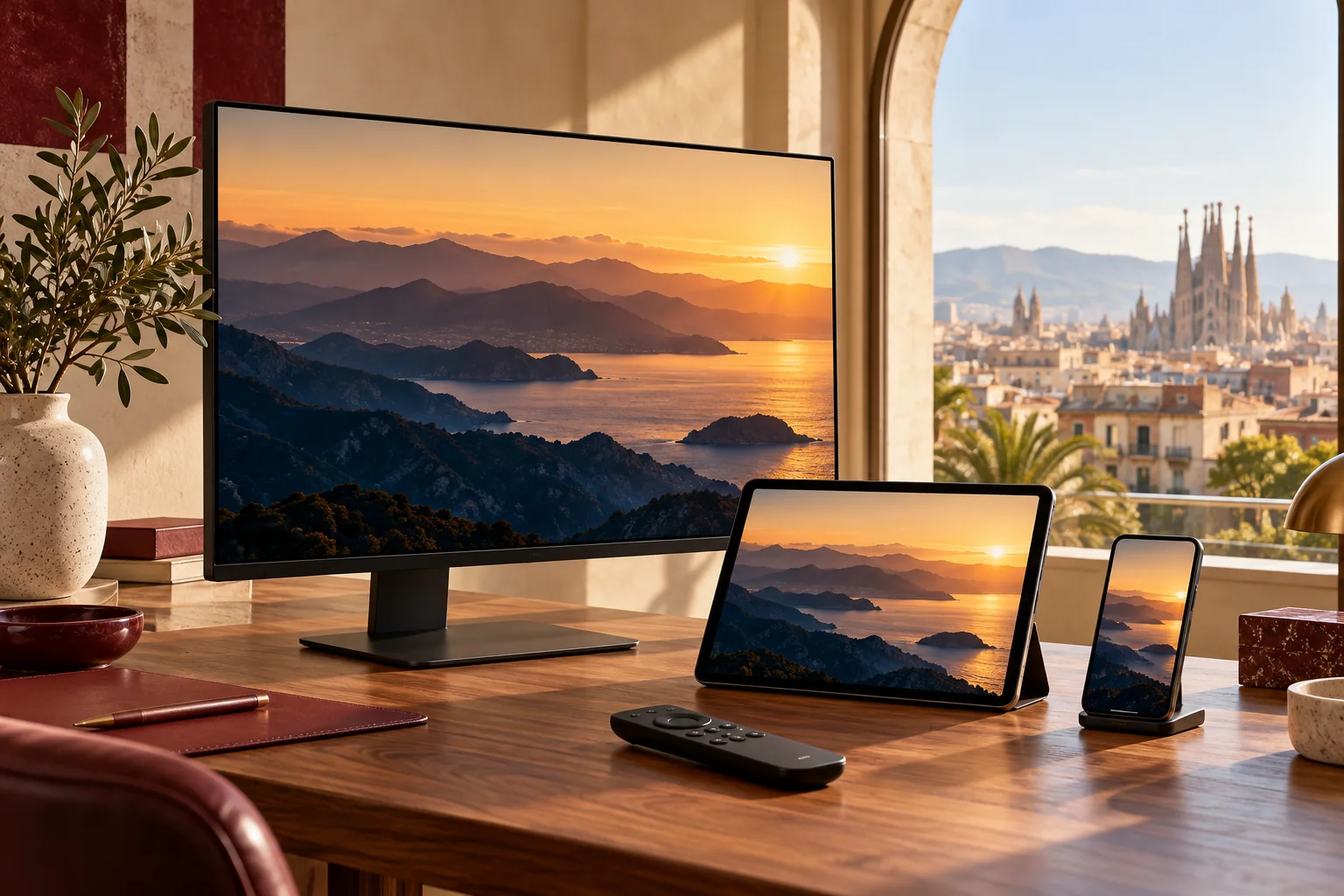 Monitor, tableta y móvil en un escritorio luminoso junto a una ventana de Barcelona