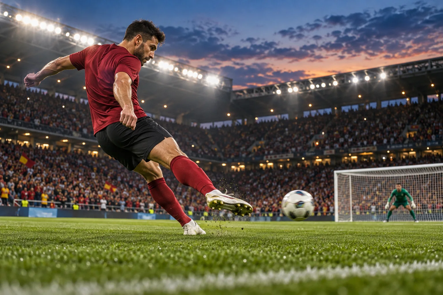 Futbolista con camiseta roja disparando el balón hacia la portería en un estadio iluminado